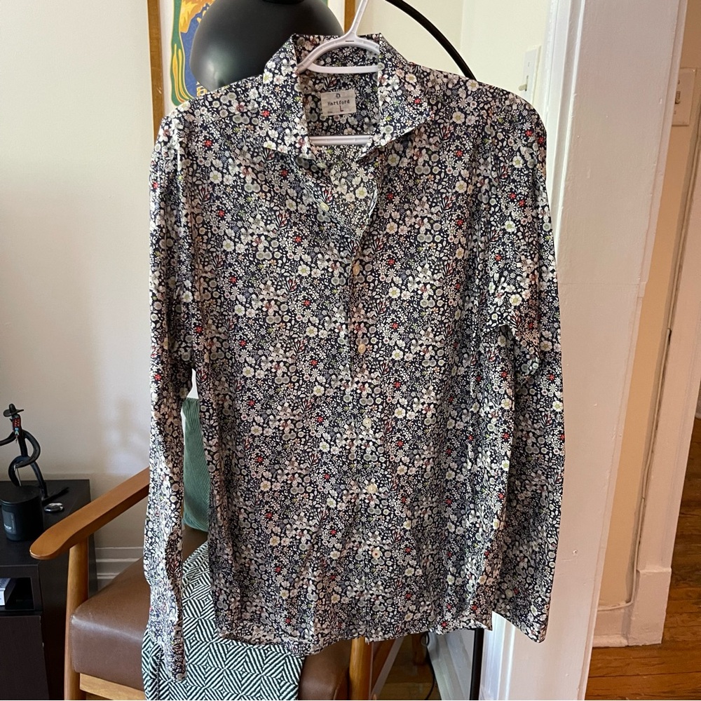 HARTFORD 100% Cotton Button Up Shirt Navy Floral